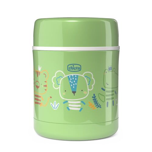 Chicco 300 ml-es ételtermosz babáknak, állatos (koala, tigris, aligátor) grafikával világoszöld alapon, útközbeni meleg vagy hideg ételek tárolására tervezve, a GO OUT BY CHICCO kollekció része - Konyha és étkezés