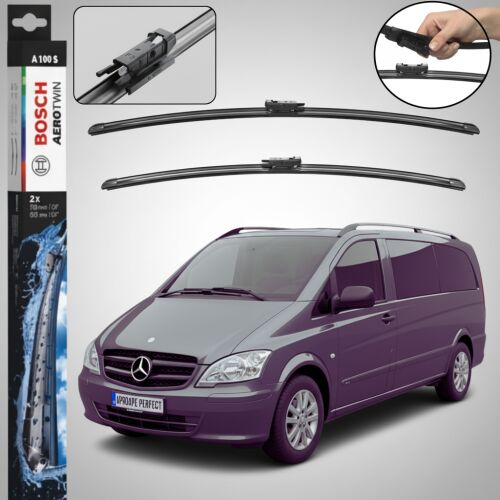 Bosch Aerotwin A100S ablaktörlők Mercedes Vito Bus Extralang W639 (2010-2014) típushoz, szürke kisbuszon, az ablaktörlő rögzítésének és a lapát kialakításának közeli felvételeivel - Autóalkatrész