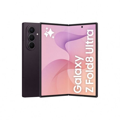 Samsung Galaxy Z Fold8 Ultra 16GB RAM 1TB Violet Shadow kihajtva, döntött nézet, főképernyővel és kamera modullal - Samsung