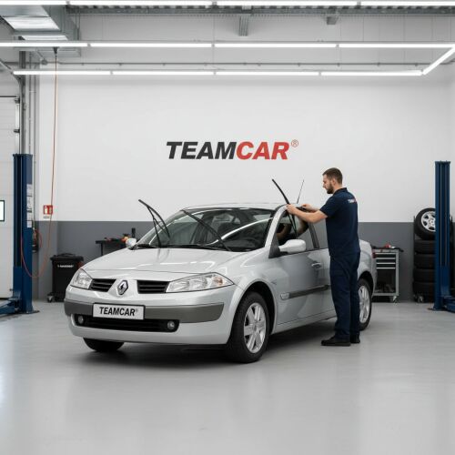 Szerelő szerel fel TeamCar ablaktörlő lapátokat egy ezüst Renault Megane II Sedanra egy professzionális szervizben. - ‪Ablaktörlő lapát