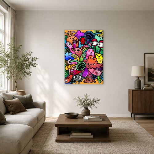 Narancssárga szörnybüli nyuszifejjel doodle art vászonkép 175882349 - Otthon és kert