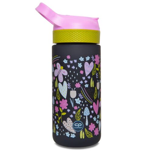 CoolPack Bibby Gyerek Kulacs 420ml In The Garden dizájnban, rózsaszín és zöld kupakkal, színes virág- és gombamintával sötét alapon, BPA mentes - Gyerek étel-és italtároló