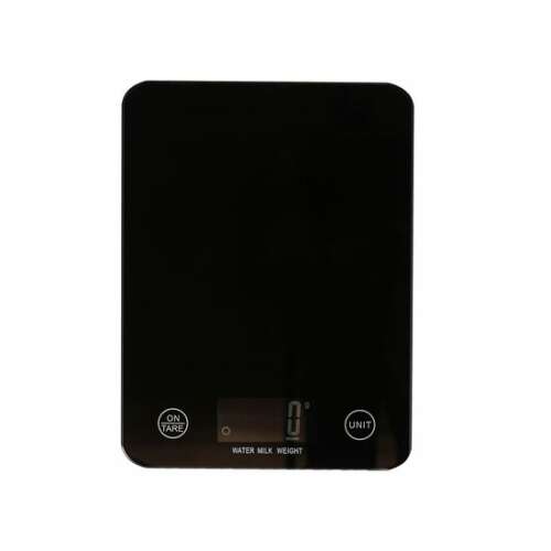Cântar digital de bucătărie negru cu afișaj LCD, cântărind până la 5 kg, cu butoane de tară și unitate