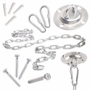 Ceiling mount kit for hammocks and hanging chairs with carabiners, chain, screws and anchors - Kik