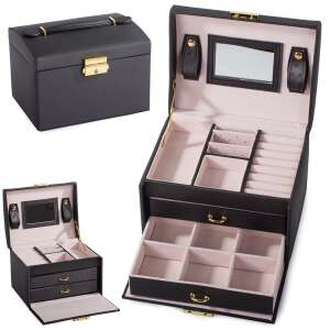 Black jewelry box organizer with three drawers, mirror, and compartments for rings, necklaces, earrings, and bracelets - OEM