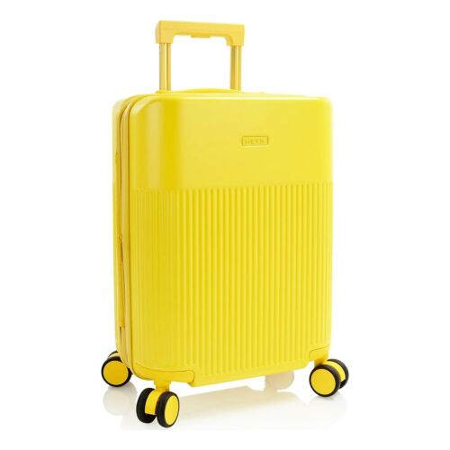 Heys HiLite S Sunburst Yellow bőrönd, ferde nézet fehér háttér előtt, négy forgókerékkel és teleszkópos fogantyúval - Bőrönd