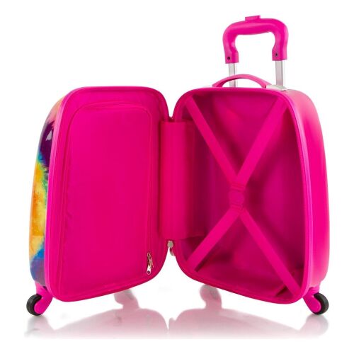 Heys Kids 4w Tie Dye bőrönd, nyitott nézet, rózsaszín belső elválasztóval és kompressziós hevederekkel 