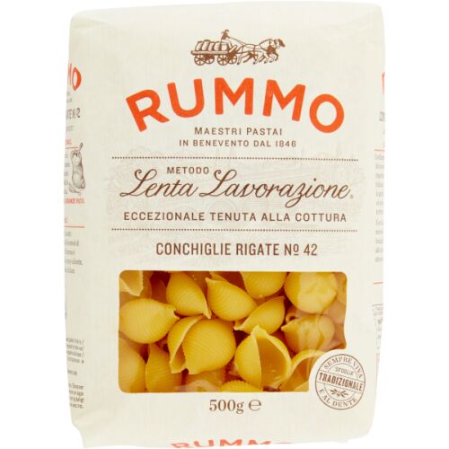 Rummo Conchiglie Rigate No. 42 tészta 500g csomagolás, kagyló alakú tészta látható az átlátszó ablakon keresztül, hagyományos olasz minőség - Tészta