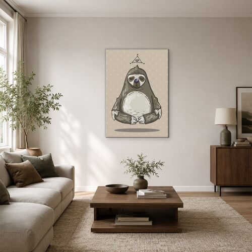 Meditáló lajhár geometrikus jellel illusztráció vászonkép modern nappaliban, ideális nyugodt fali dekorációnak. 