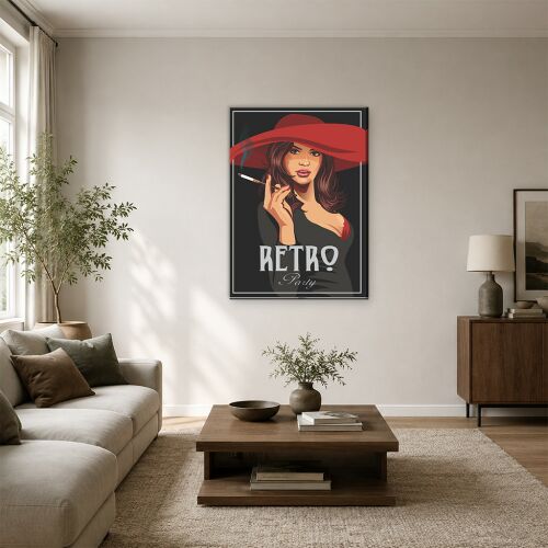 Retro Parti piros kalapos cigarettázó nő vászonkép modern nappali környezetben 