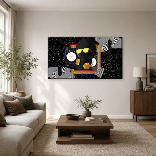 Fekete Dávid pop art vászonkép stilizált fejjel, fejhallgatóval és napszemüveggel, csillagos háttérrel, modern nappaliban kiállítva - Otthon és kert