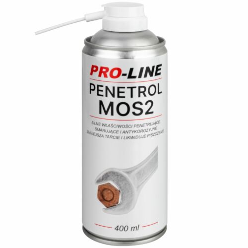 PRO-LINE PENETROL MoS2 rozsdaeltávolító spray, 400ml-es doboz piros-fehér címkével, ferde nézetben, fehér háttéren - Felületkezelő szer