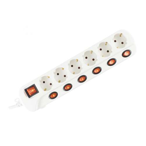 White 6-outlet power strip with individual switches and a master switch, 3 meter cord