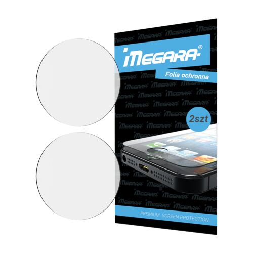 Két darab kerek Megara Full Glue képernyővédő fólia Casio AE-1500 okosórához, csomagolás mellett látható, melyen 'Premium Screen Protection' felirat és okostelefon illusztráció látható 