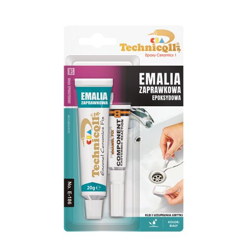 Technicqll fehér javító zománc zománchoz és kerámiához, 20G+4ML, E-186 készlet tubusokkal és alkalmazási példával mosdón - Építőipari ragasztó