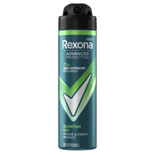 Rexona Men Advanced Protection Quantum Dry izzadásgátló spray 150ml, 72 órás hőre aktiválódó frissesség, kék-zöld flakon fehér háttérrel - Dezodor