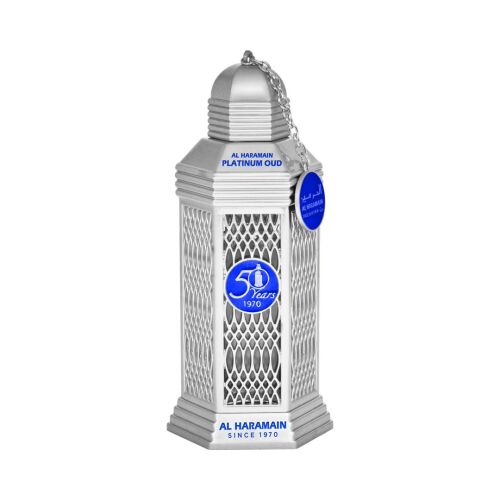 Al Haramain Platinum Oud 50 Years Eau de Parfum 100ml üveg, ezüst díszes design, kék '50 Years' embléma, luxus unisex illat 