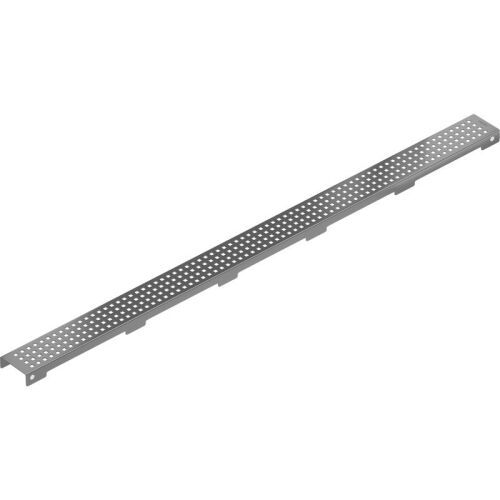 Ferdeszögű nézet a Mexen Flat M08 90 cm fegyverszürke zuhanyfolyóka takaróról, bemutatva teljes hosszát és perforált mintázatát - Medence beépítő elem