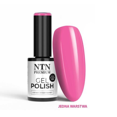 NTN Premium 546 HEMA-mentes rózsaszín gél lakk üveg és hozzá illő élénk rózsaszín körömminta, 'JEDNA WARSTWA' (EGY RÉTEG) felirattal, fehér háttérrel - Gél lakk