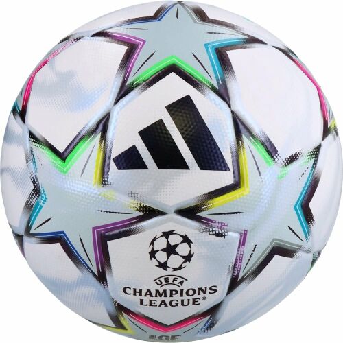 Adidas UCL League 26/27 Stage Box focilabda, ferde nézet, fehér labda színes csillag mintával és UEFA Bajnokok Ligája logóval 