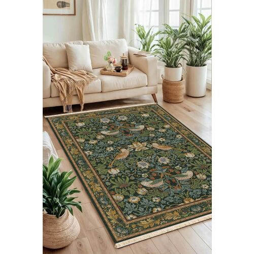 Conceptum Hypnose szőnyeg nappali környezetben, 150x230 cm-es sokszínű szőnyeg madár- és virágmintával, csúszásmentes, 100% pamut - Dekoráció