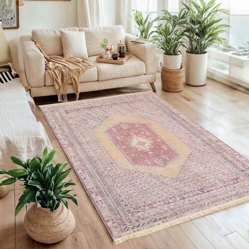 Conceptum Hypnose Carpet (180x280) sokszínű pamutból, modern nappali környezetben, világos kanapéval és növényekkel, kiemelve puhaságát és stílusát - Dekoráció