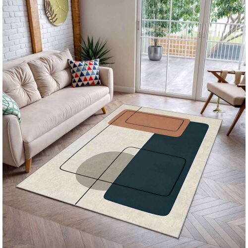 Conceptum Hypnose szőnyeg (140 x 220) többszínű Shml8 egy modern nappaliban, világos kanapéval, nagyméretű üvegajtóval az erkélyre és fehér téglafallal - Szőnyeg