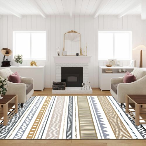 Conceptum Hypnose szőnyeg 180x280 Többszínű W1079 egy minimalista fehér nappaliban kandallóval és fotelekkel, bemutatva modern csíkos és geometrikus mintáját - Conceptum Hypnose