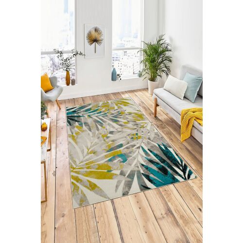 Conceptum Hypnose Carpet 140 x 220 Többszínű W1184 absztrakt levélmintával egy modern nappaliban, kiemelve élénk színeit és stílusát - Conceptum Hypnose