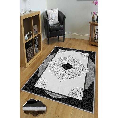 Conceptum Hypnose Szőnyeg sokszínű Hmnt738 nappali környezetben, fekete-fehér virágminta, 140x220cm - Conceptum Hypnose
