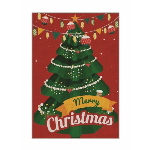 Grafikus illusztráció egy ünnepi karácsonyfáról, fényekkel és gömbökkel díszítve, 'Merry Christmas' feliratú szalaggal, piros háttéren, Conceptum Hypnose karácsonyi szőnyegmintának megfelelő. - Conceptum Hypnose