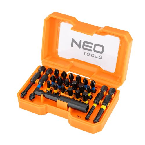 NEO TOOLS 23 részes bitkészlet 56-612 narancssárga tokban, S2 acélból, PH, PZ, HEX, TX bitekkel és 1/4 hüvelykes HEX hosszabbítóval - Bitfej