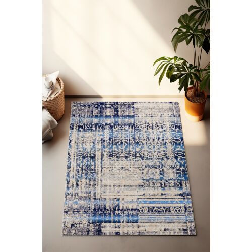 Conceptum Hypnose Hall Carpet (80 x 300) Multicolor CT-1011, kék és fehér mintás szőnyeg modern nappaliban, növénnyel - Lakástextil