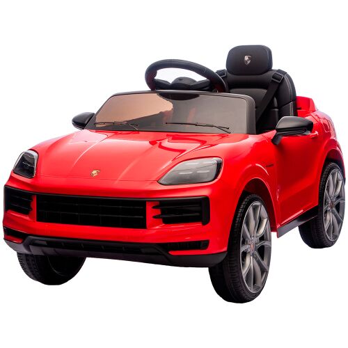 Chipolino Porsche Cayenne piros elektromos gyermekautó, 3/4 nézet fehér háttérrel, valósághű dizájnnal, fekete belsővel, ezüst kerekekkel és fekete díszítéssel, 3-8 éves gyermekek számára alkalmas - Chipolino