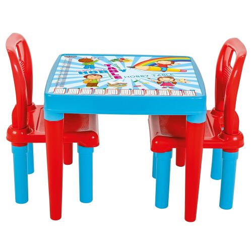 Pilsan Hobby Study Table kék szett egy gyerekbarát, négyzet alakú kék asztallappal, játékos mintával és két piros székkel, ideális gyerekek tevékenységeihez és tanulásához. - Gyerek asztal és szék