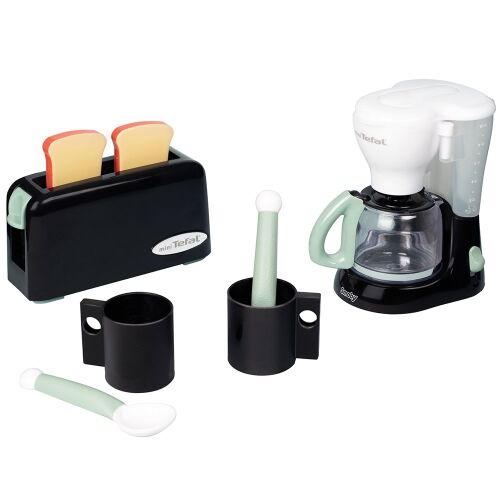 Smoby Tefal reggeliző szett fekete játék kenyérpirítóval pirítóssal, fekete játék kávéfőző világoszöld fogantyúval, fekete játék csészékkel és világoszöld kanalak fehér háttéren - Játék konyhai eszköz