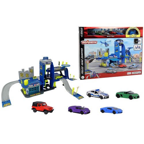 Majorette Creatix rendőrségi játékszett rendőrségi központtal, parkolóházzal, rámpákkal és öt játékautóval, köztük Porsche, Audi, Ford, Lamborghini és Jeep, csomagolással láthatóan - Majorette