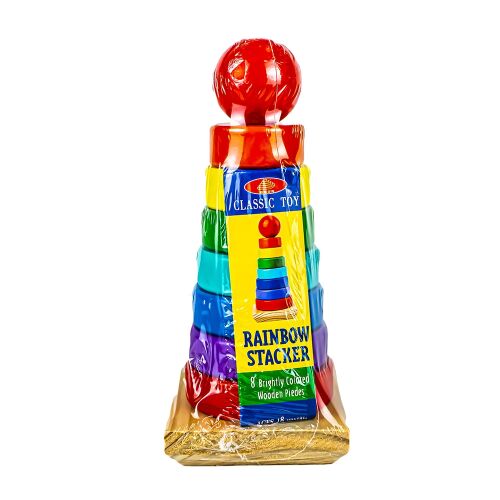 Classic Toy Szivárvány Stacker fa piramis játék színes gyűrűkkel, ideális óvodásoknak a motoros készségek és a szem-kéz koordináció fejlesztésére - Játék