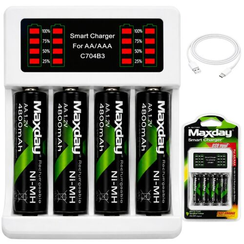 Aa és aaa led-es akkumulátorok töltője + 4 db aa-s akkumulátor + usb-c kábel 176411506 - Elemtöltő