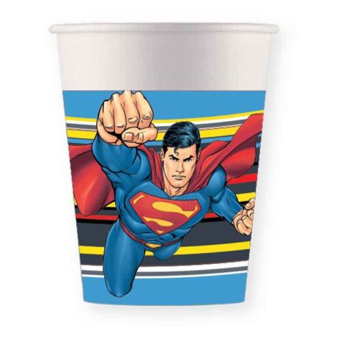 Superman Krypton 200 ml-es papírpoharak, Superman repül egy csíkos kék és fekete háttér előtt, ideális gyermek születésnapi zsúrokra - Gyerek pohár