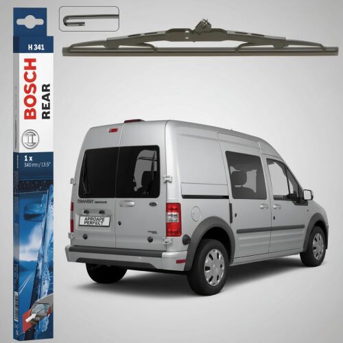 Bosch Twin H341 hátsó ablaktörlő lapát Ford Transit Connect 2002-2013 modellekhez, csomagolással és ezüst színű furgonnal. 