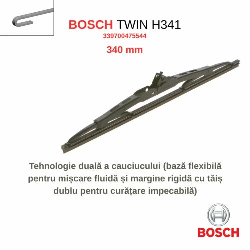 Bosch Twin H341 hátsó ablaktörlő lapát ferde nézete, kiemelve kettős gumitechnológiáját a hatékony tisztításért - Autóalkatrész