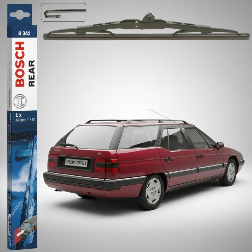 Bosch Twin H341 hátsó ablaktörlő lapát csomagolással egy piros Citroen XM Break kombi mellett, 340mm hosszúságú - Autóalkatrész
