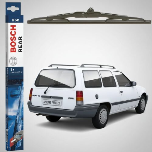 Bosch Twin H341 hátsó ablaktörlő lapát csomagolással Opel Kadett E Estate (T85) 1984-1991 modellekhez, a kompatibilis fehér Opel Kadett autóval együtt 