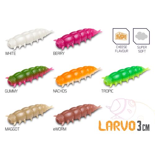 Delphin LARVO 3cm puha horgászcsalik többféle színben (fehér, bogyó, gumis, nachos, trópusi, kukac, eWorm) sajt ízzel és szuper puha textúrával, ideális ultralight horgászathoz. 