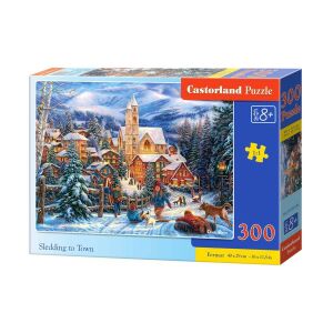 Puzzle Castorland 300 dielikov, Sánkovanie do mesta, zimná dedinská scéna s kostolom a ľuďmi na sánkach - Castorland Puzzle