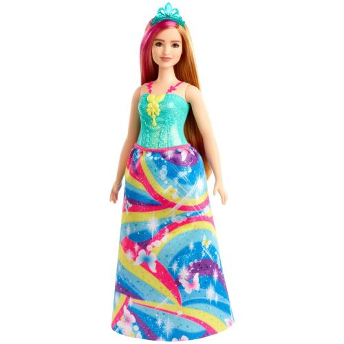 Barbie Dreamtopia hercegnő baba türkiz csillogó felsővel és élénk szivárványos szoknyával, fehér háttér előtt - Mesehős figura