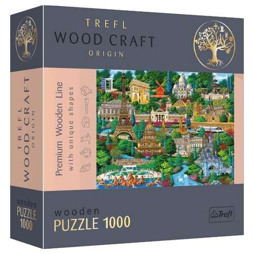 Trefl Wood Craft 1000-dielna drevená skladačka so známymi pamiatkami v Paríži, Francúzsko