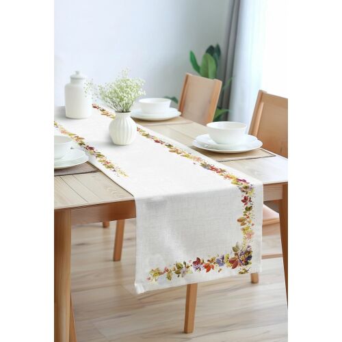 Hermia Runner Multicolor RNNSRV0065 100% pamut asztali futó virágos őszi levél mintával, étkezőasztalon, kényelmet és stílust kínálva. - Hermia