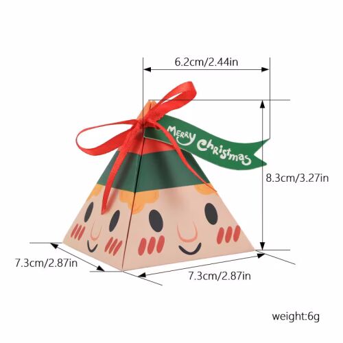 Infografika, amely egyetlen Karácsonyi ajándékdoboz piramis Mikulás díszdoboz (manó design) méreteit mutatja centiméterben és hüvelykben, valamint súlyát grammban - Díszdoboz